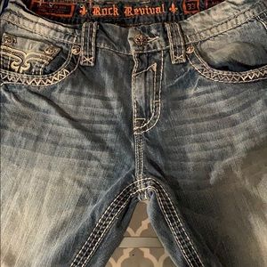 Light washed “Rock Revival” jeans.